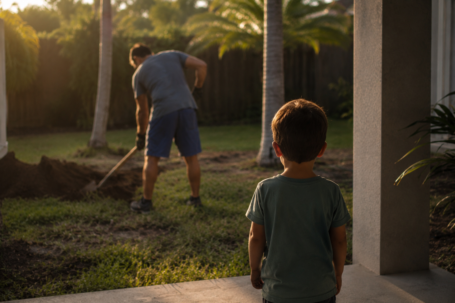 A young boy watches his dad dig in the backyard at golden hour, unnoticed